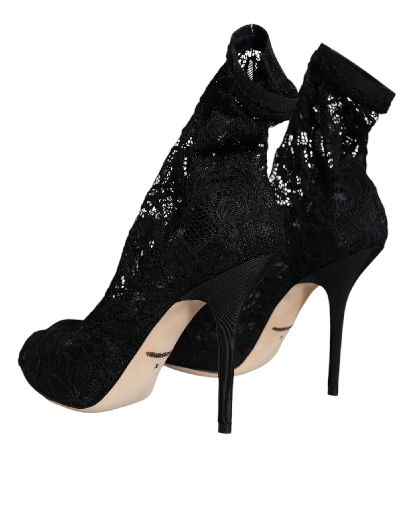 Black Lace Stretch Heels Mid Calf Boot Shoes - The Luxe Alliance