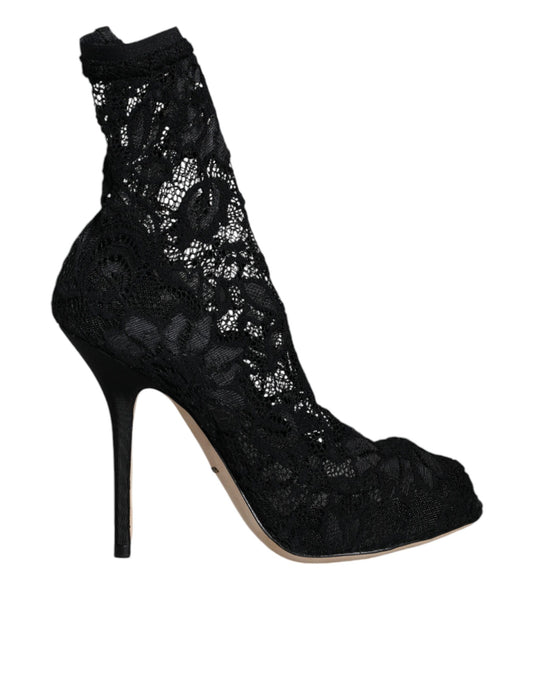 Black Lace Stretch Heels Mid Calf Boot Shoes - The Luxe Alliance