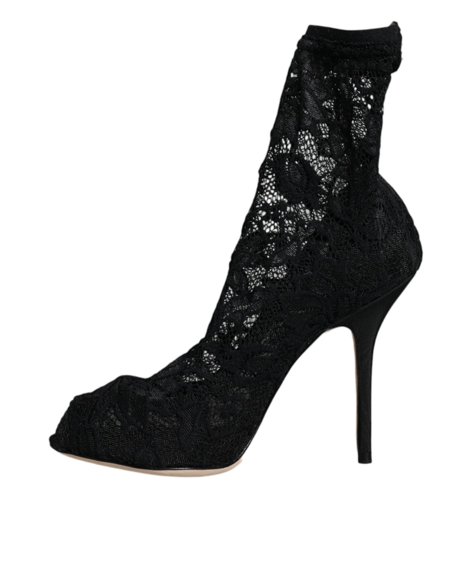 Black Lace Stretch Heels Mid Calf Boot Shoes - The Luxe Alliance