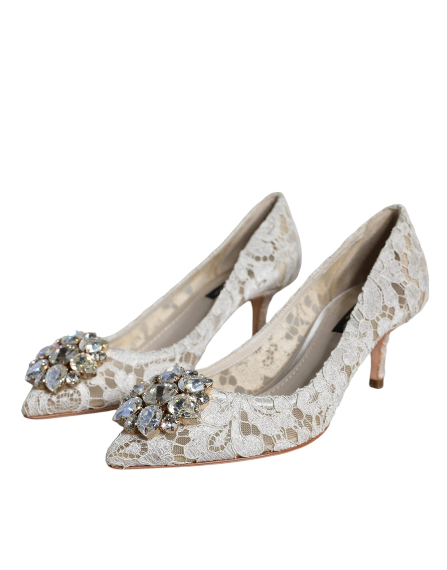 White Taormina Lace Crystal Heel Pumps Shoes - The Luxe Alliance