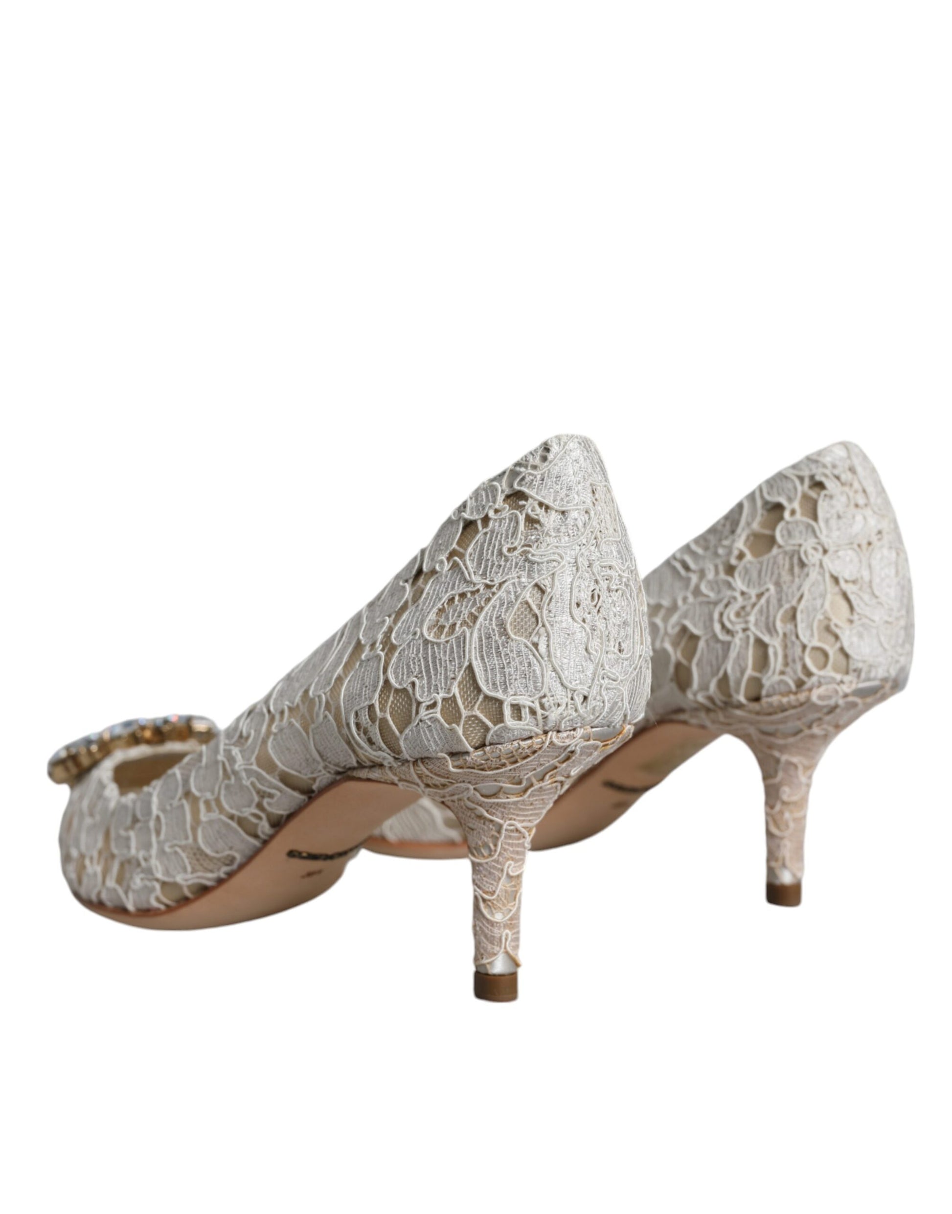 White Taormina Lace Crystal Heel Pumps Shoes