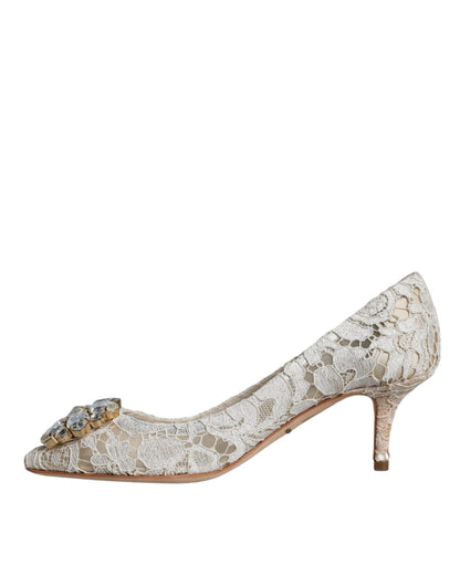 White Taormina Lace Crystal Heel Pumps Shoes - The Luxe Alliance