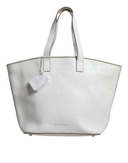 White Leather Logo Shoulder Strap Shopping Tote Bag - The Luxe Alliance