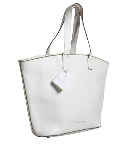 White Leather Logo Shoulder Strap Shopping Tote Bag - The Luxe Alliance