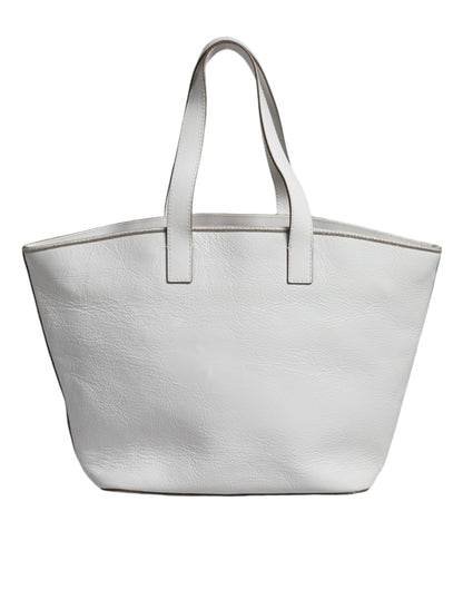 White Leather Logo Shoulder Strap Shopping Tote Bag - The Luxe Alliance