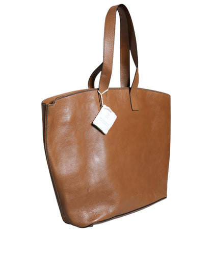  - Brown Leather Logo Shoulder Strap Shopping Tote Bag