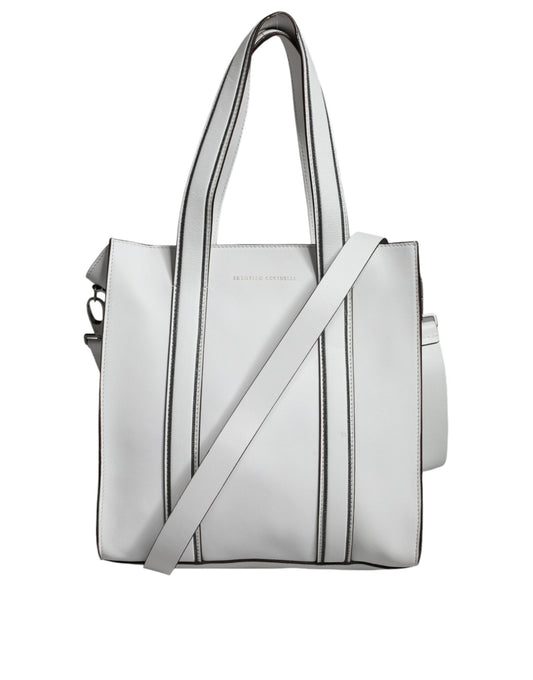 White Leather Logo Shoulder Strap Shopping Tote Bag - The Luxe Alliance