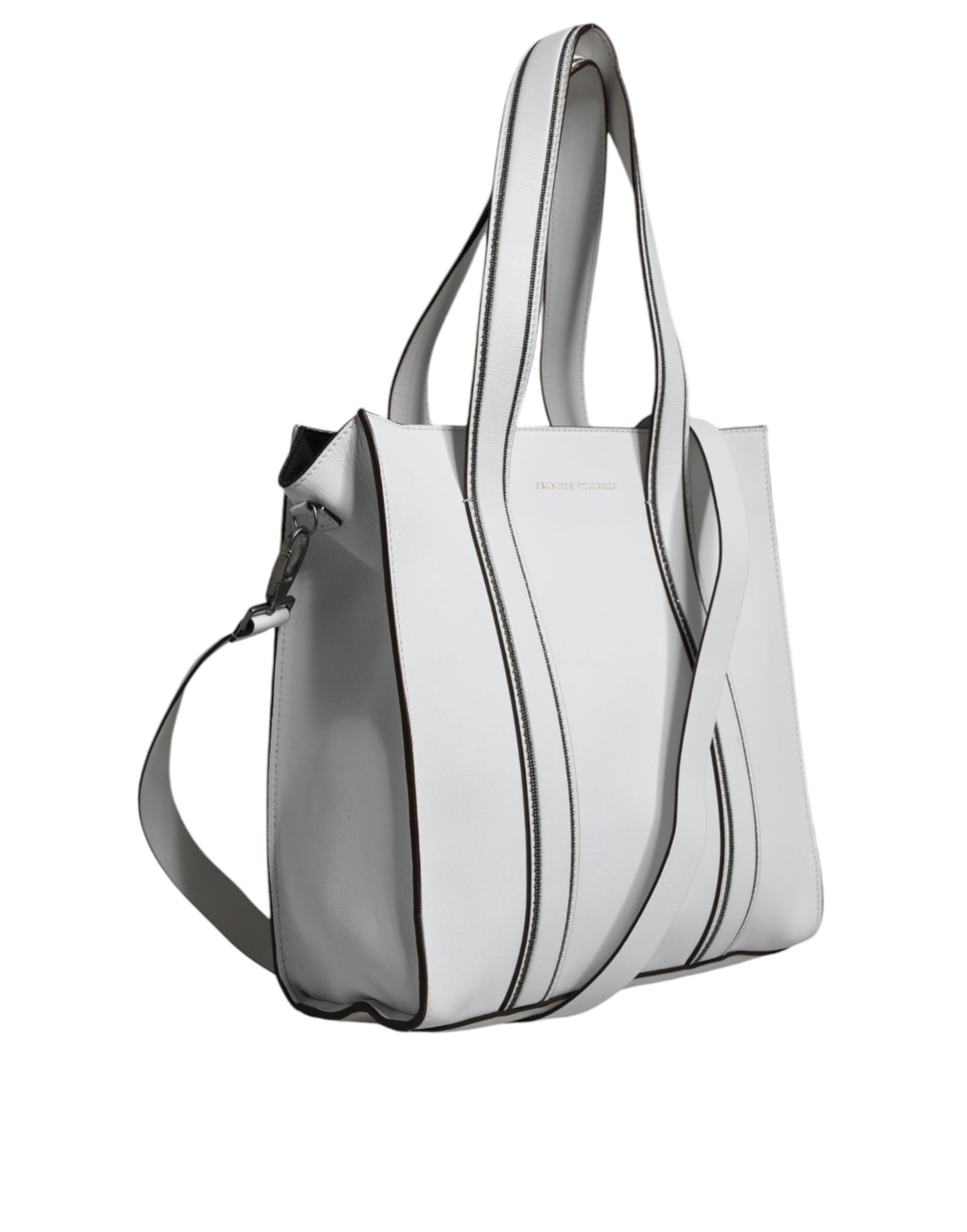 White Leather Logo Shoulder Strap Shopping Tote Bag - The Luxe Alliance