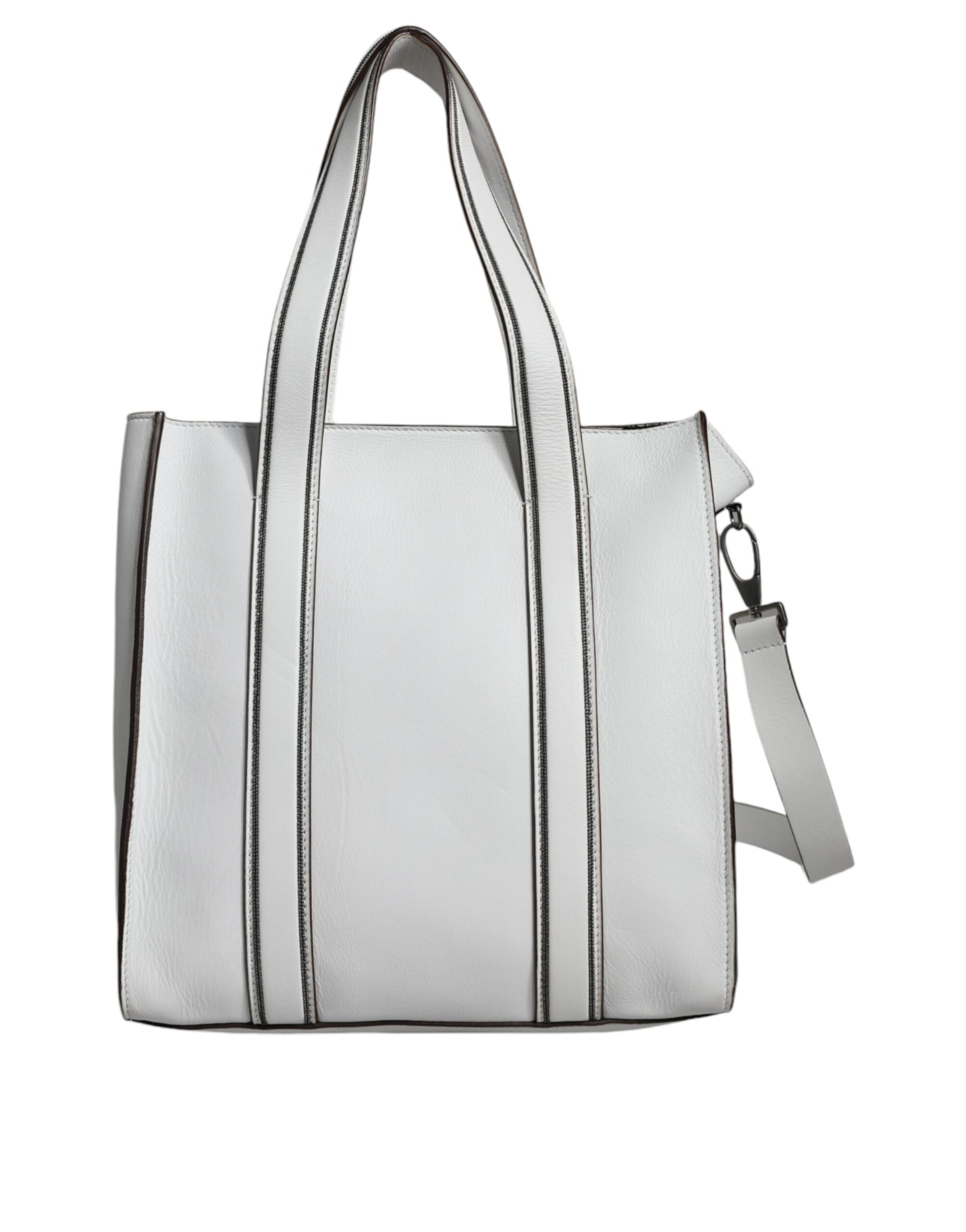 White Leather Logo Shoulder Strap Shopping Tote Bag