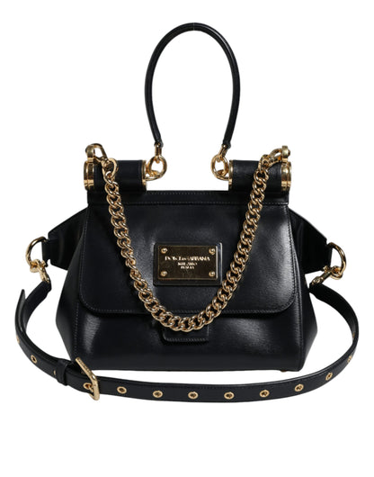 Black Calfskin Leather SICILY Chain Strap Crossbody Bag - The Luxe Alliance