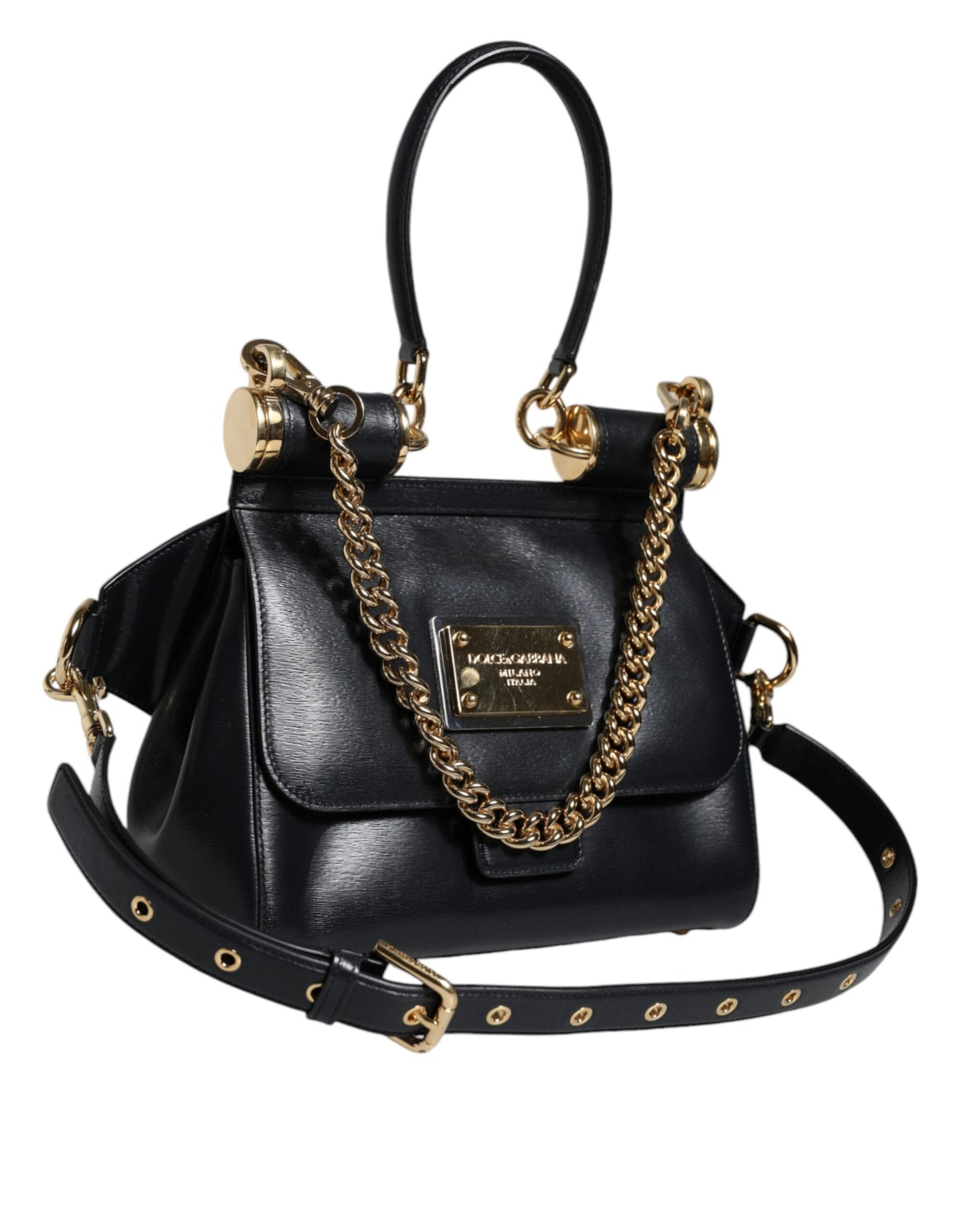 Black Calfskin Leather SICILY Chain Strap Crossbody Bag - The Luxe Alliance