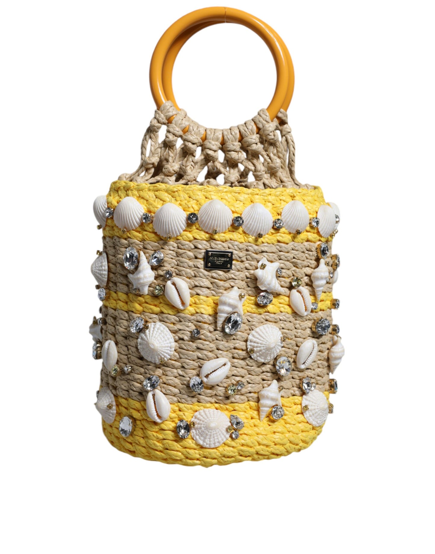 Beige Yellow Rafia Seashells Crystal Bucket Bag - The Luxe Alliance