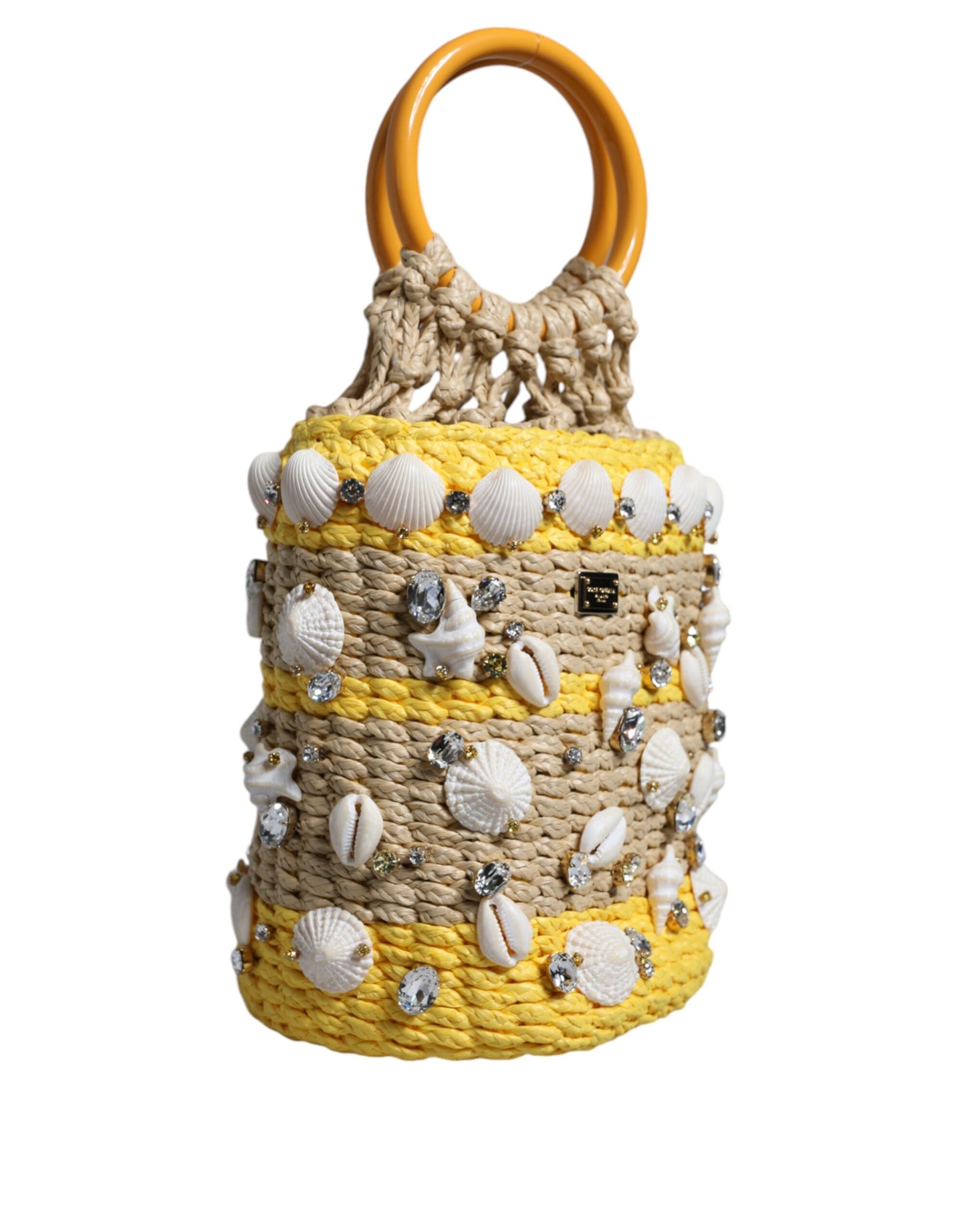 Beige Yellow Rafia Seashells Crystal Bucket Bag - The Luxe Alliance