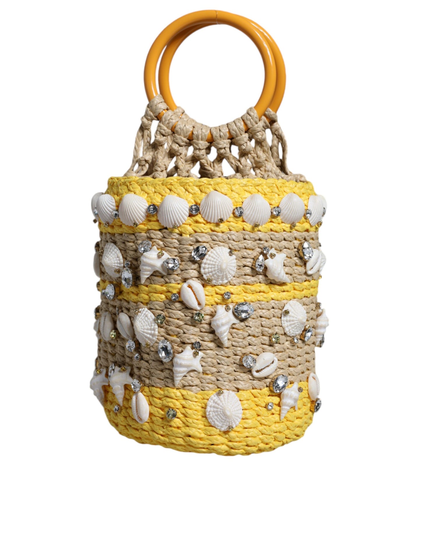 Beige Yellow Rafia Seashells Crystal Bucket Bag - The Luxe Alliance