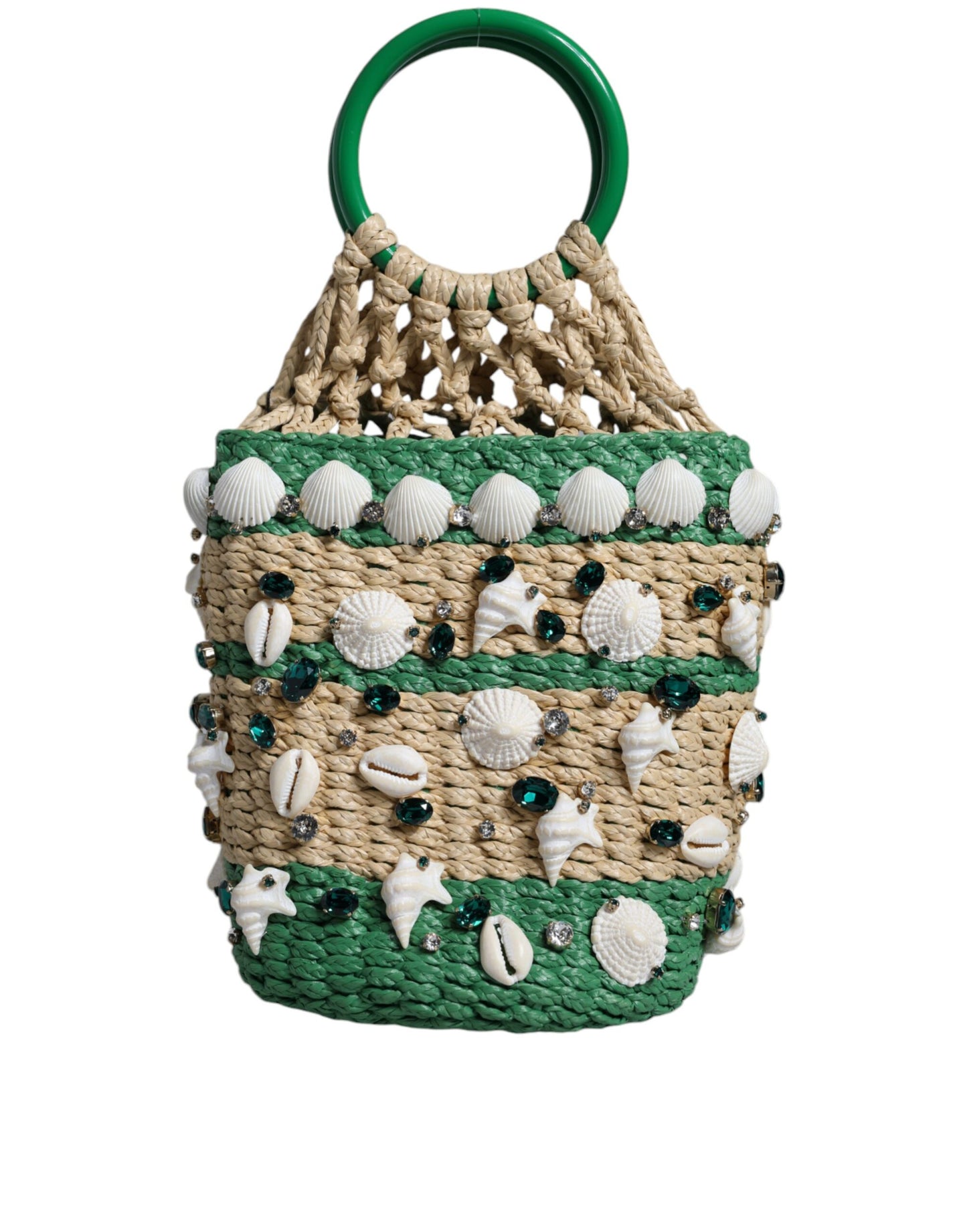 Beige Green Rafia Seashells Crystal Bucket Bag - The Luxe Alliance