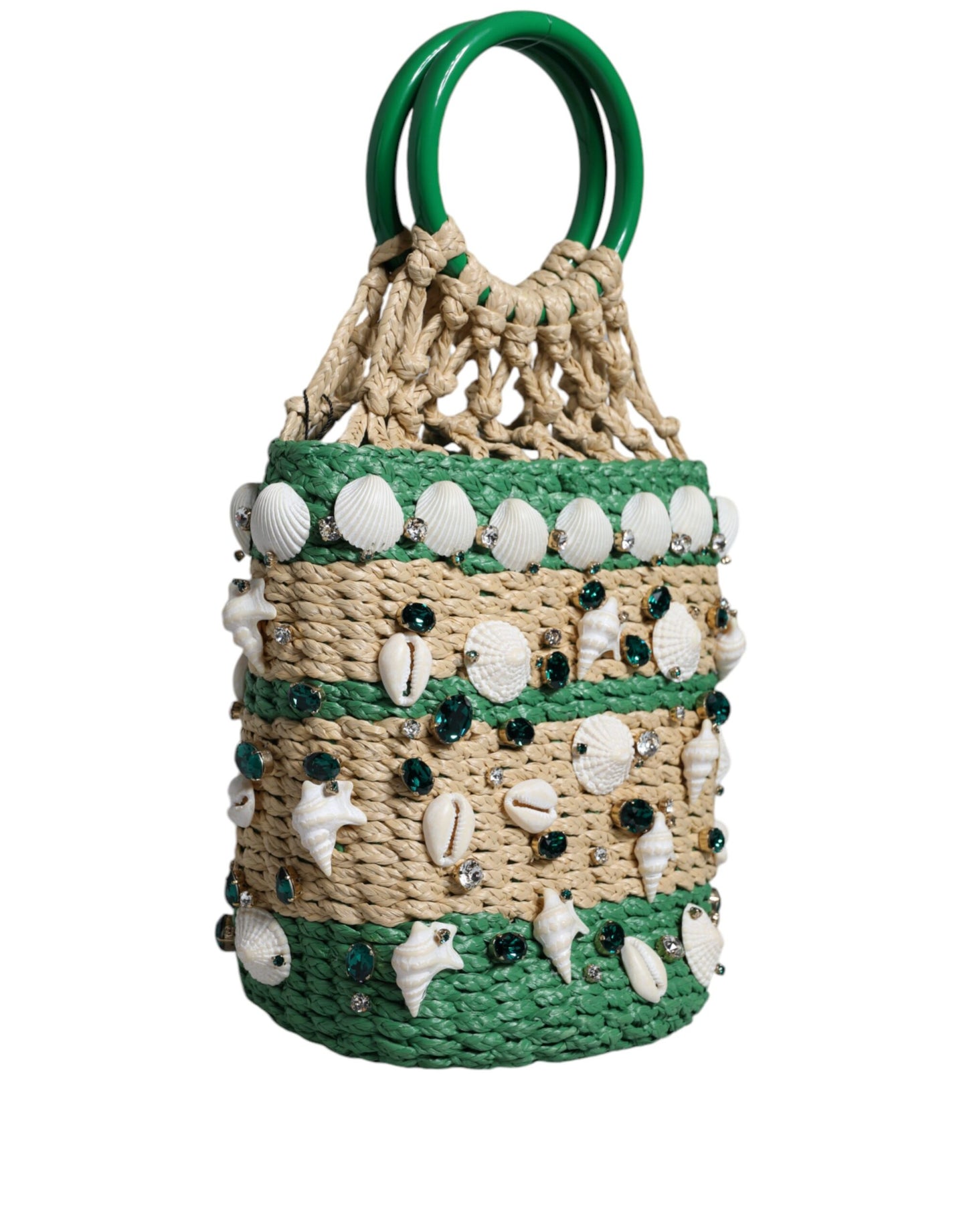 Beige Green Rafia Seashells Crystal Bucket Bag - The Luxe Alliance