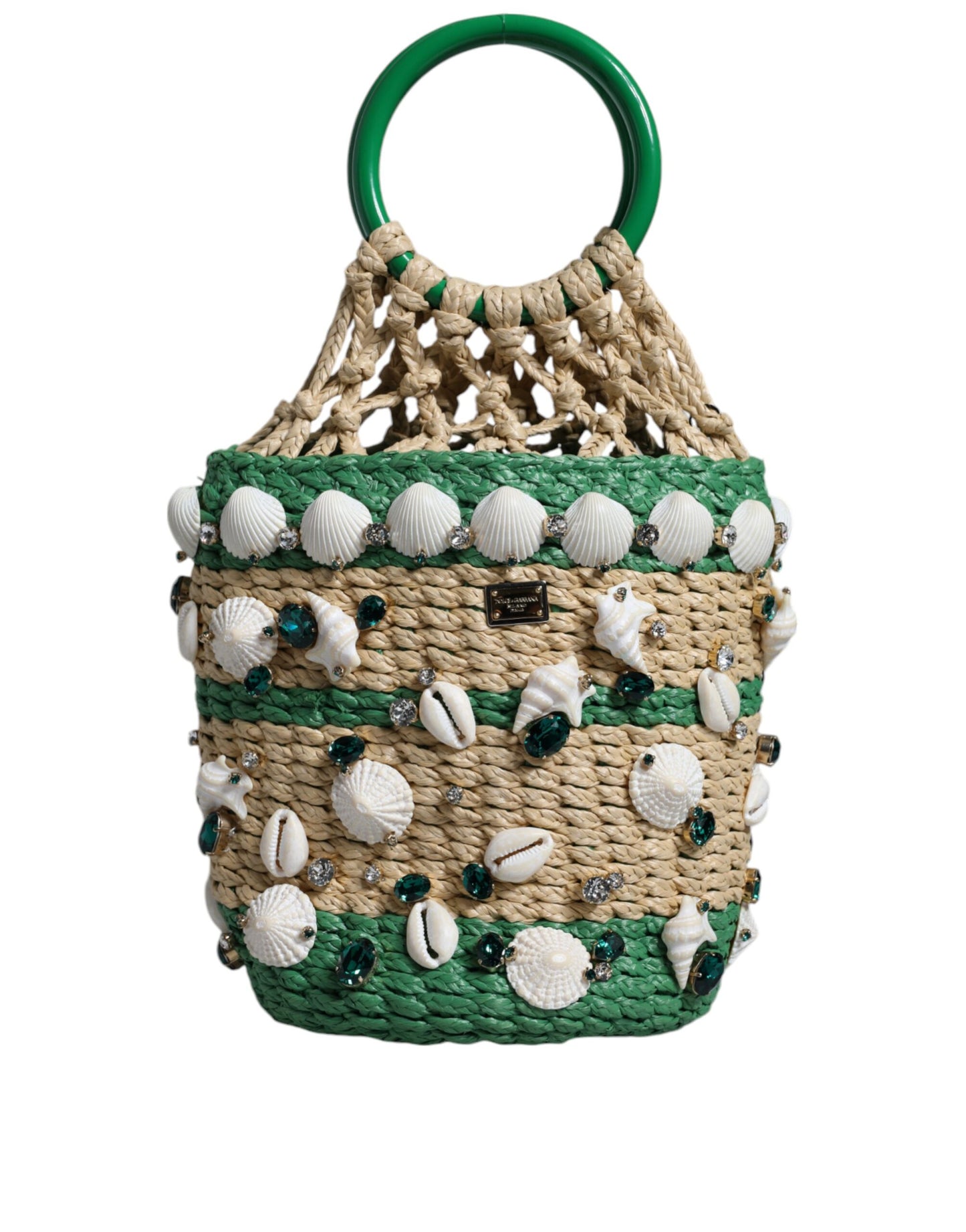 Beige Green Rafia Seashells Crystal Bucket Bag - The Luxe Alliance