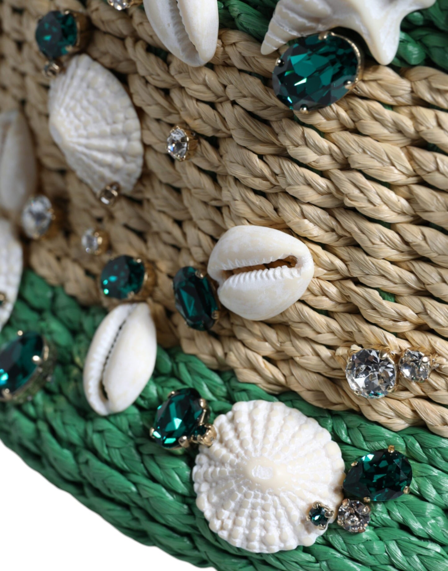 Beige Green Rafia Seashells Crystal Bucket Bag - The Luxe Alliance