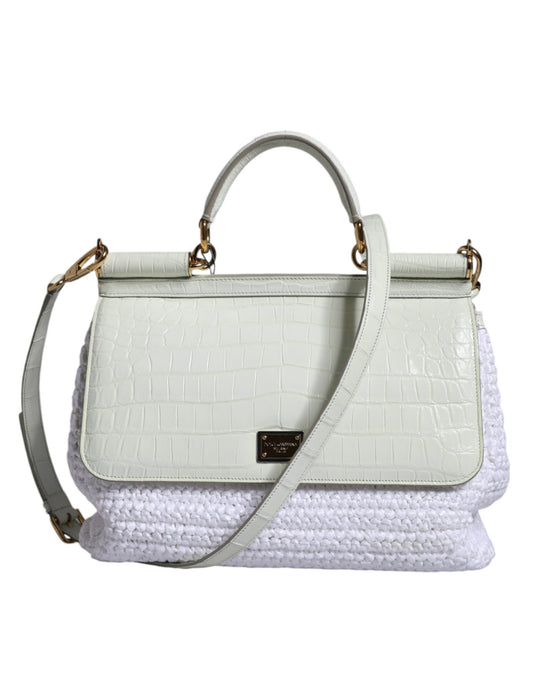 White Rafia Leather Top Handle Crossbody Bag - The Luxe Alliance