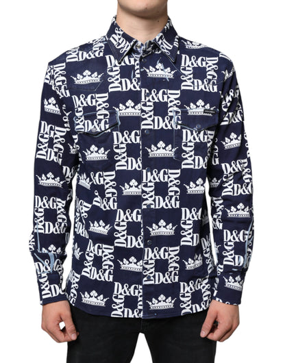 Blue Crown Logo Print Slim Fit Cotton Shirt - The Luxe Alliance