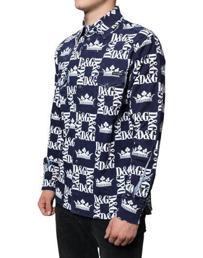 Blue Crown Logo Print Slim Fit Cotton Shirt - The Luxe Alliance