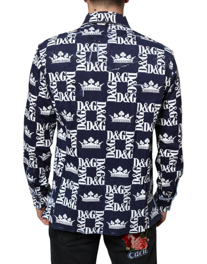 Blue Crown Logo Print Slim Fit Cotton Shirt - The Luxe Alliance