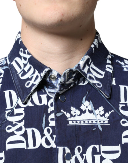 Blue Crown Logo Print Slim Fit Cotton Shirt - The Luxe Alliance