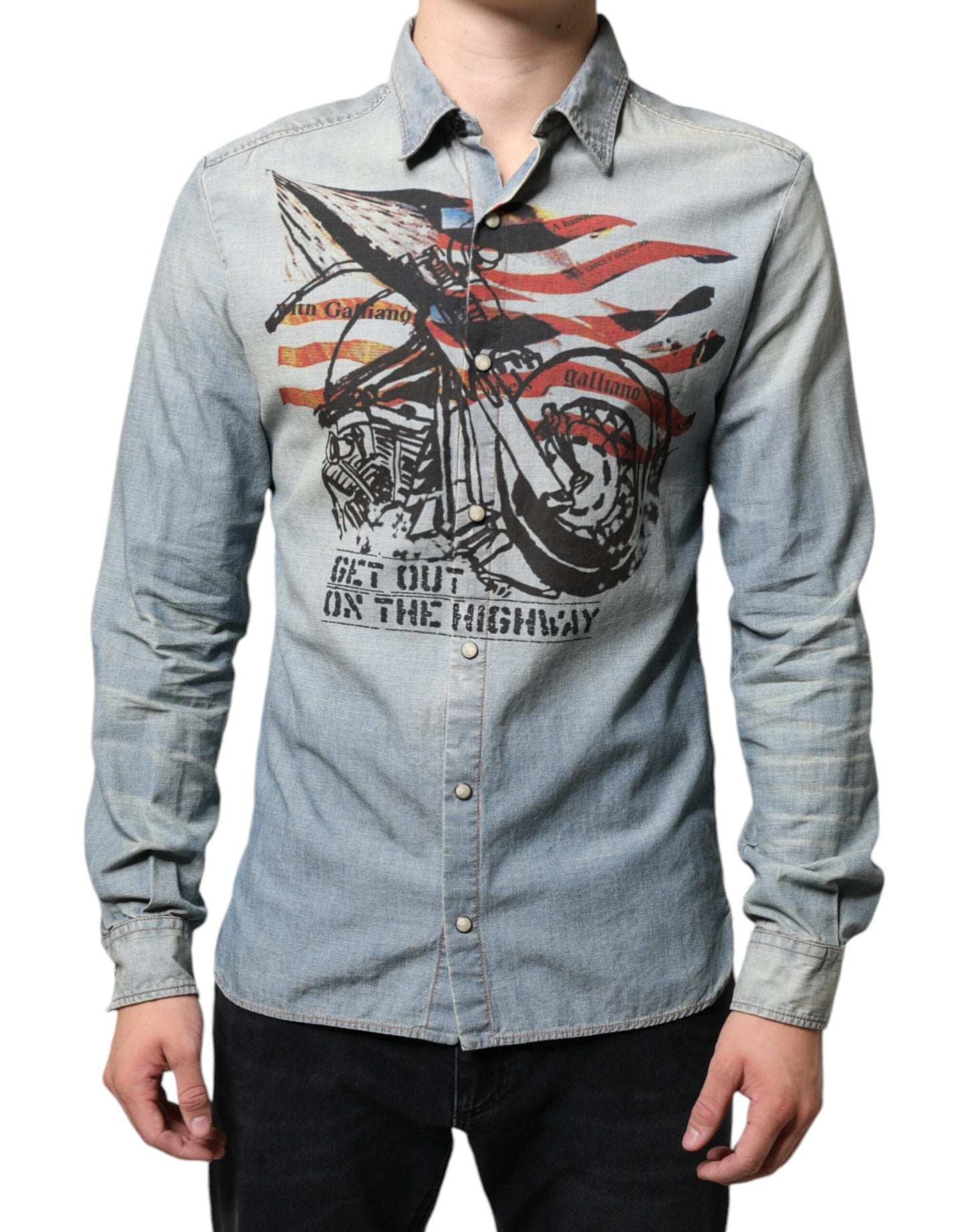  - Light Blue Printed Cotton Denim Long Sleeves Shirt