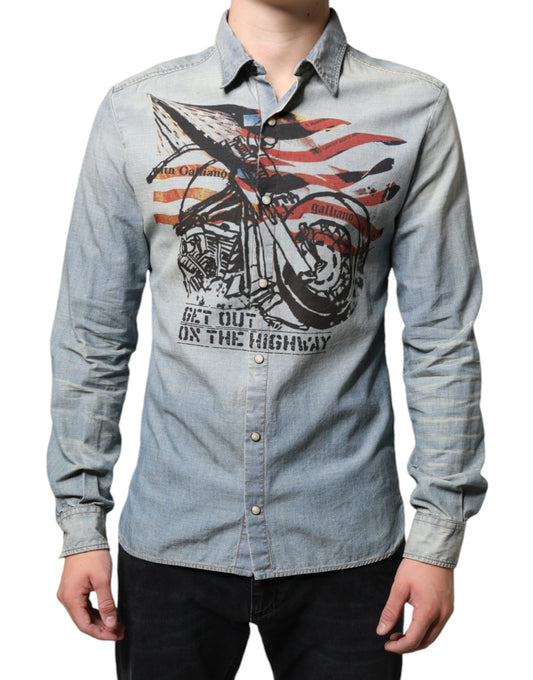  - Light Blue Printed Cotton Denim Long Sleeves Shirt