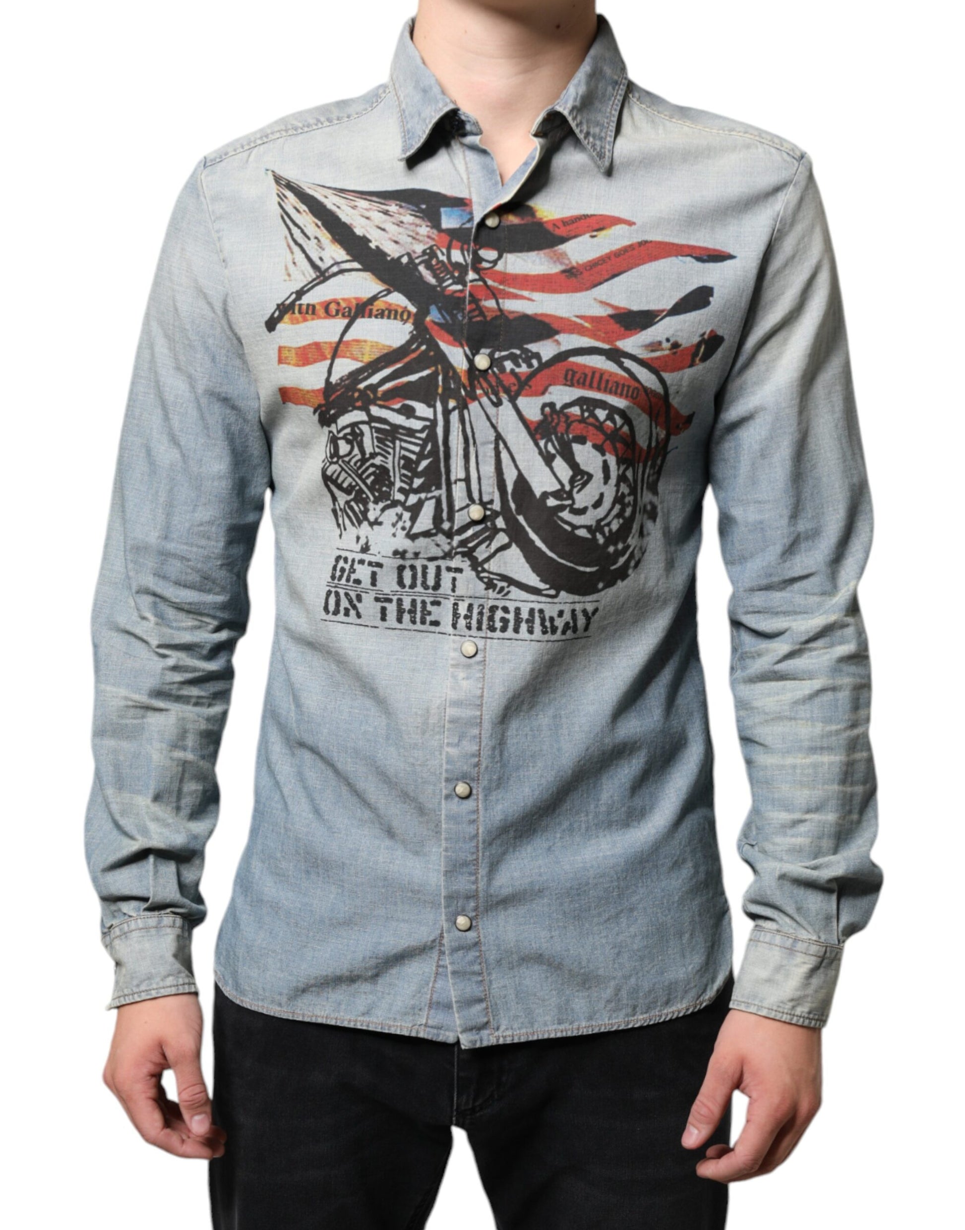 John Galliano Light Blue Printed Denim Long Sleeve Shirt