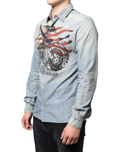  - Light Blue Printed Cotton Denim Long Sleeves Shirt
