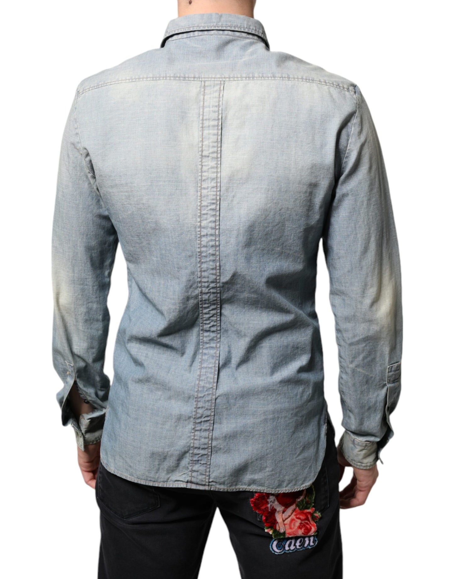  - Light Blue Printed Cotton Denim Long Sleeves Shirt