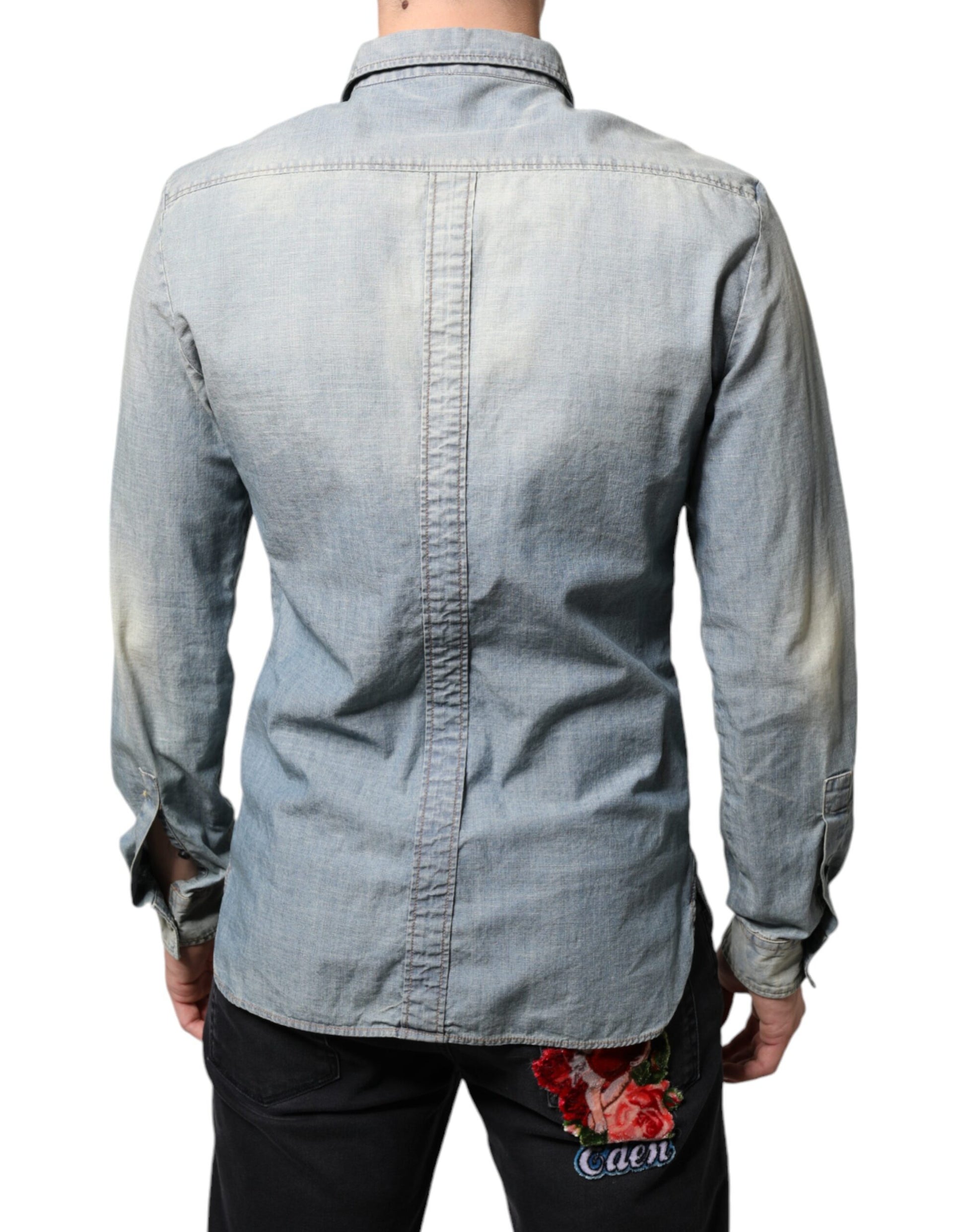 John Galliano Light Blue Printed Denim Long Sleeve Shirt