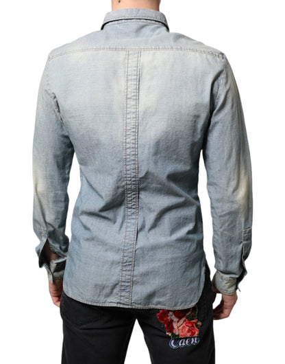 - Light Blue Printed Cotton Denim Long Sleeves Shirt