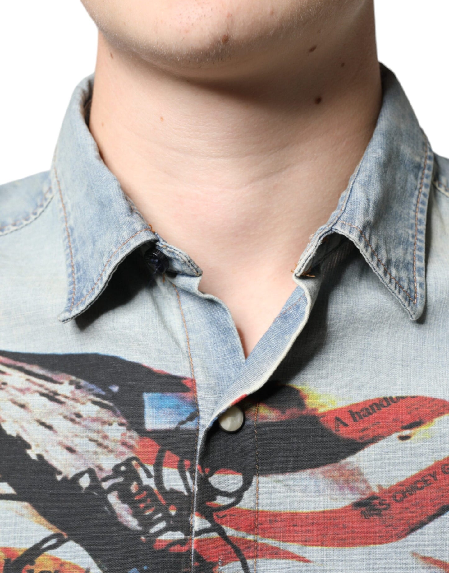  - Light Blue Printed Cotton Denim Long Sleeves Shirt