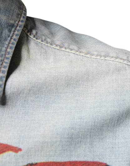  - Light Blue Printed Cotton Denim Long Sleeves Shirt