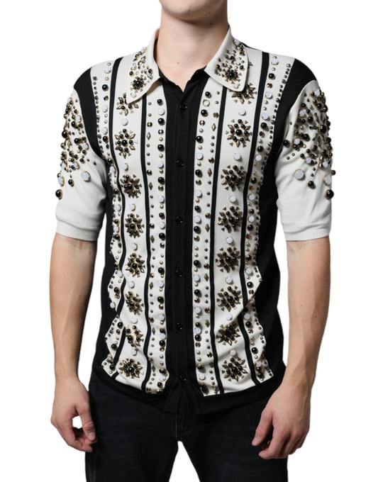  - White Black Silk Studded Stone Crystal Shirt