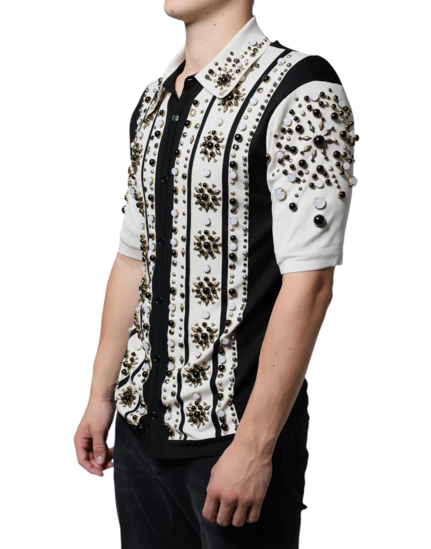  - White Black Silk Studded Stone Crystal Shirt