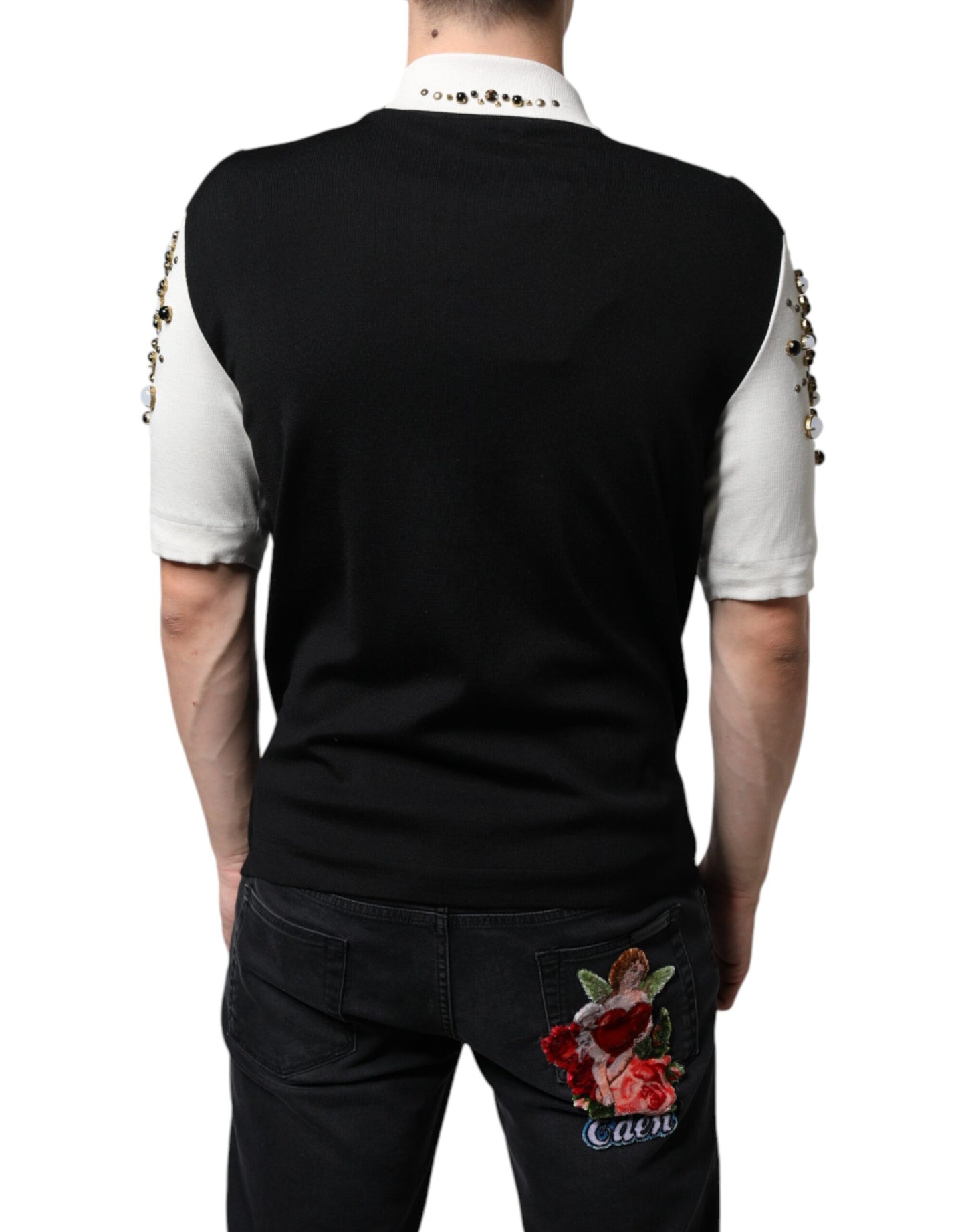  - White Black Silk Studded Stone Crystal Shirt