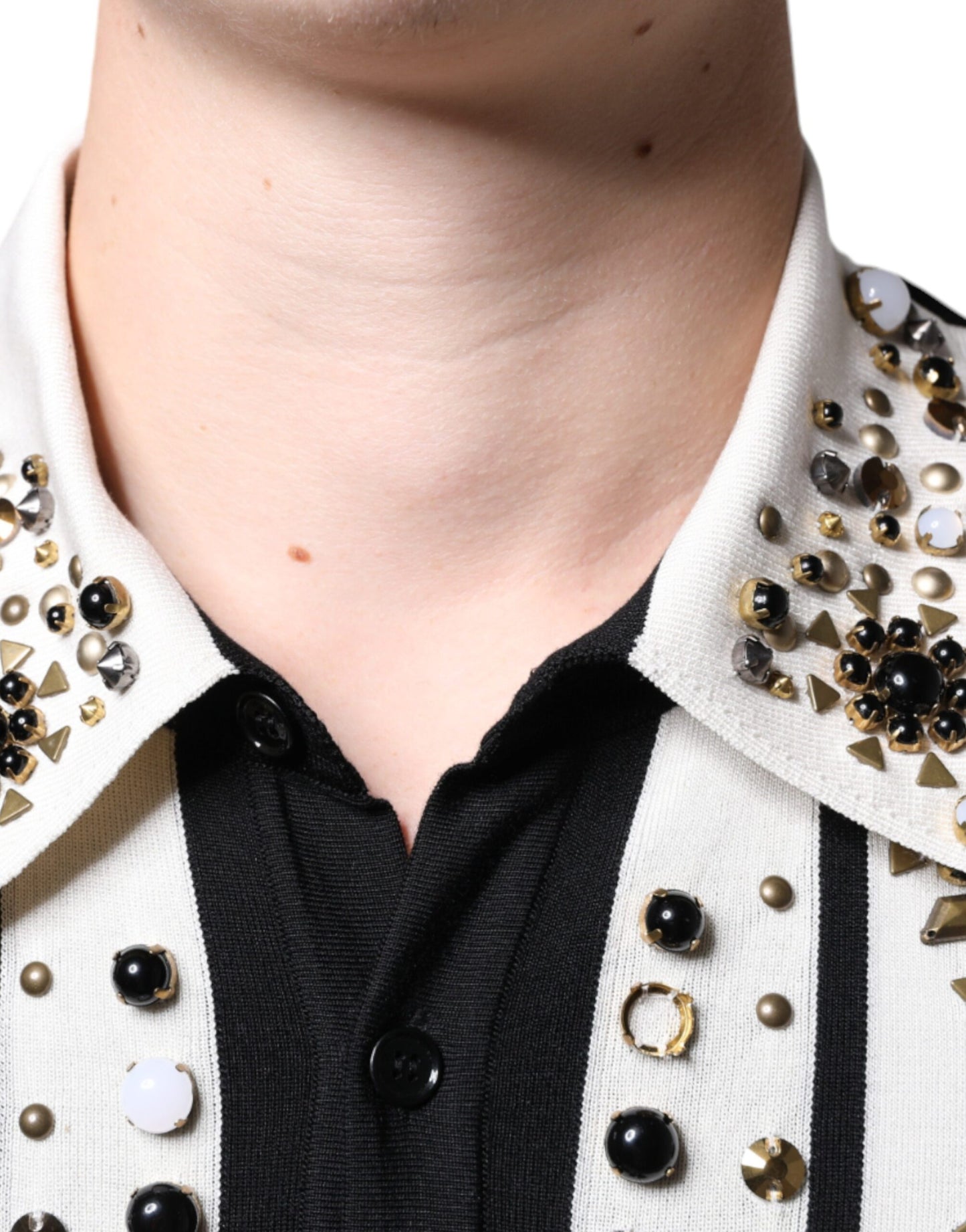  - White Black Silk Studded Stone Crystal Shirt