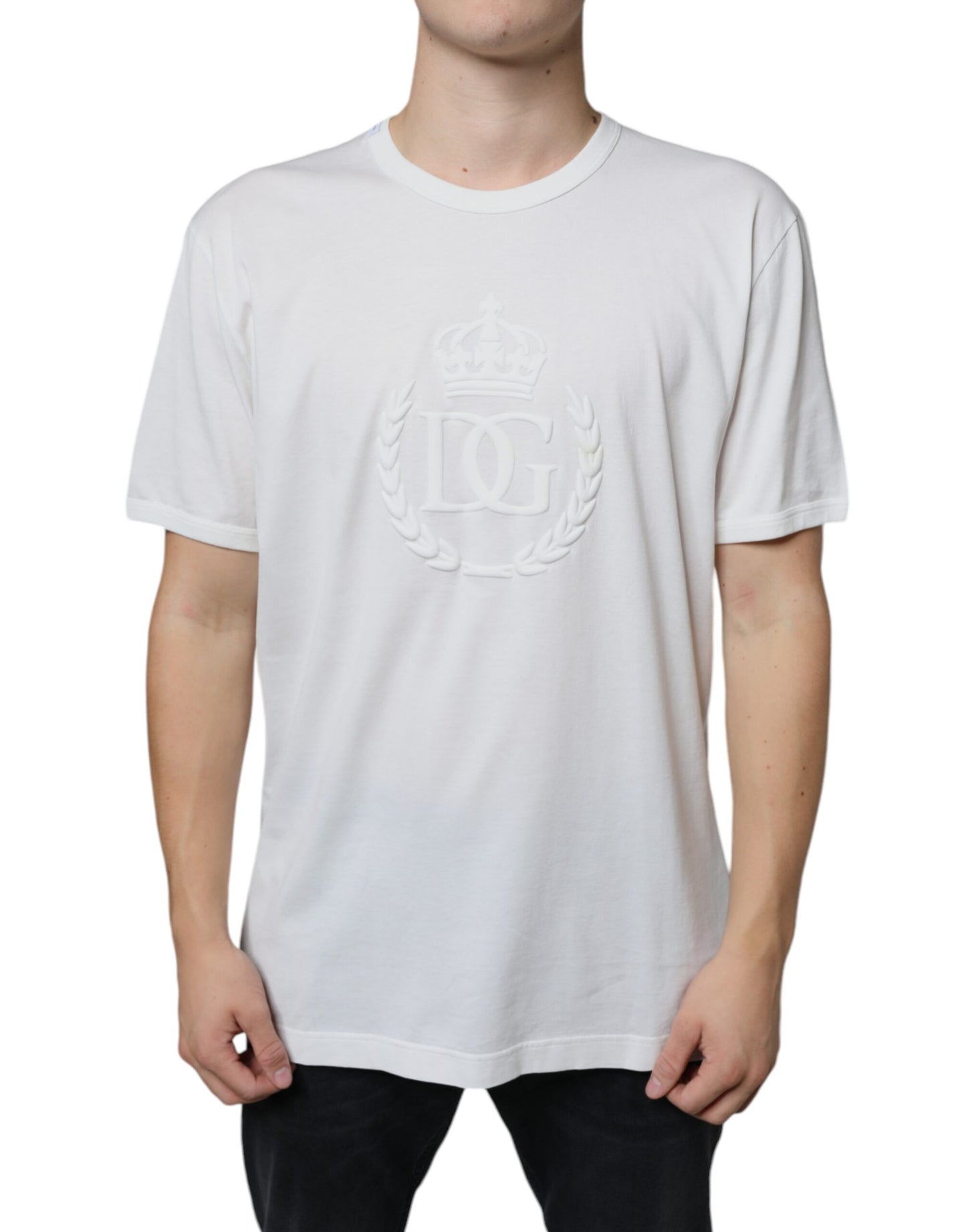  - White Logo Embossed Cotton Crewneck T-shirt