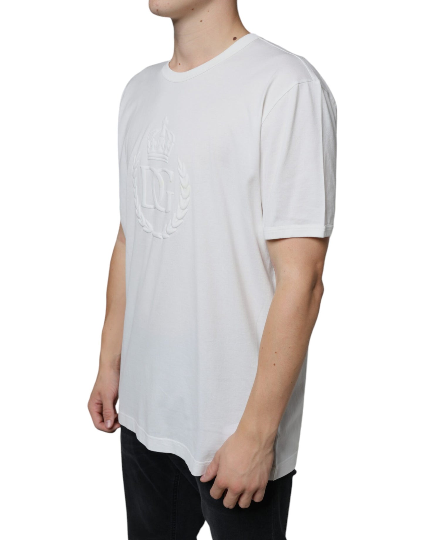  - White Logo Embossed Cotton Crewneck T-shirt