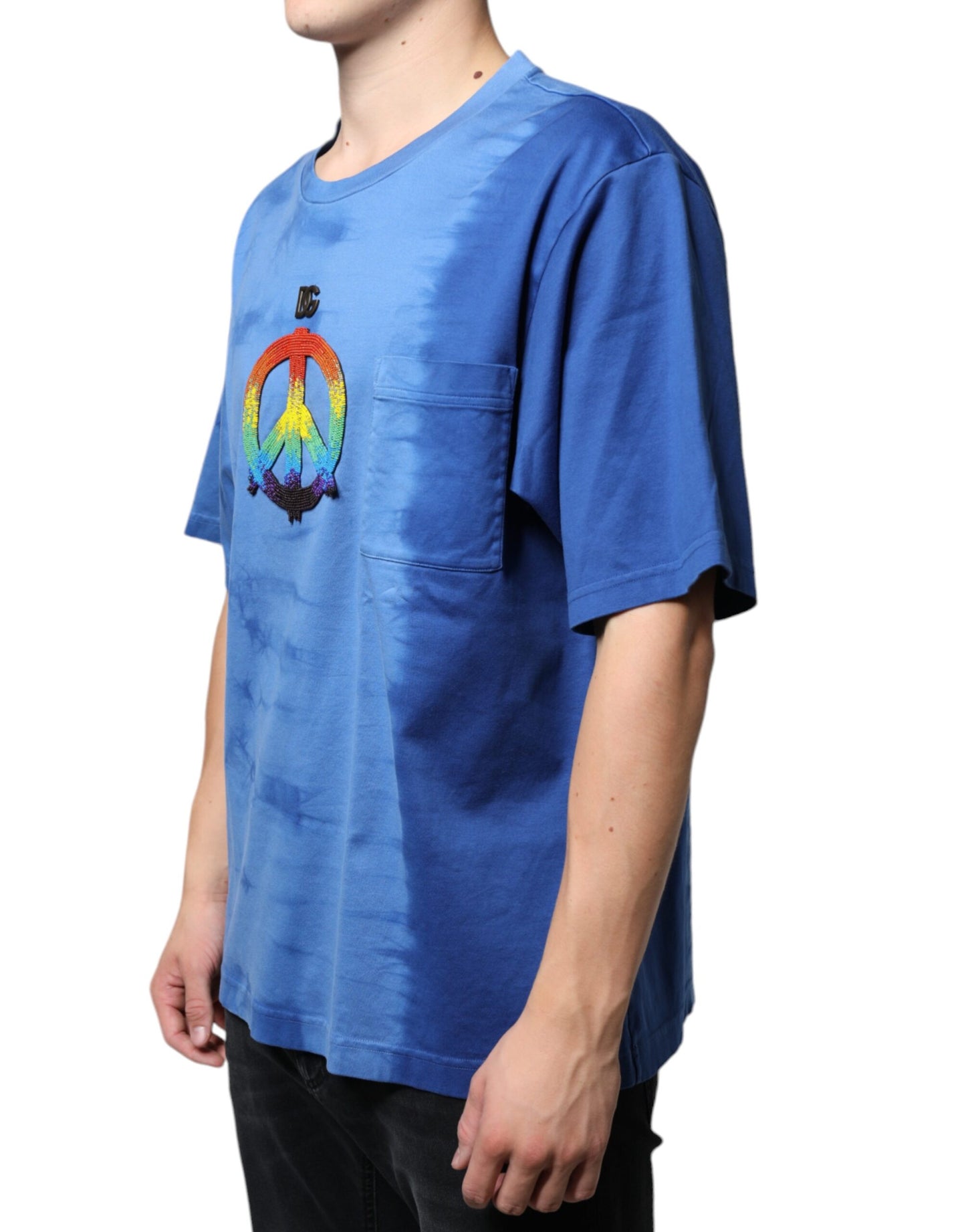  - Blue Tie-Dye Peace Sign Cotton T-shirt