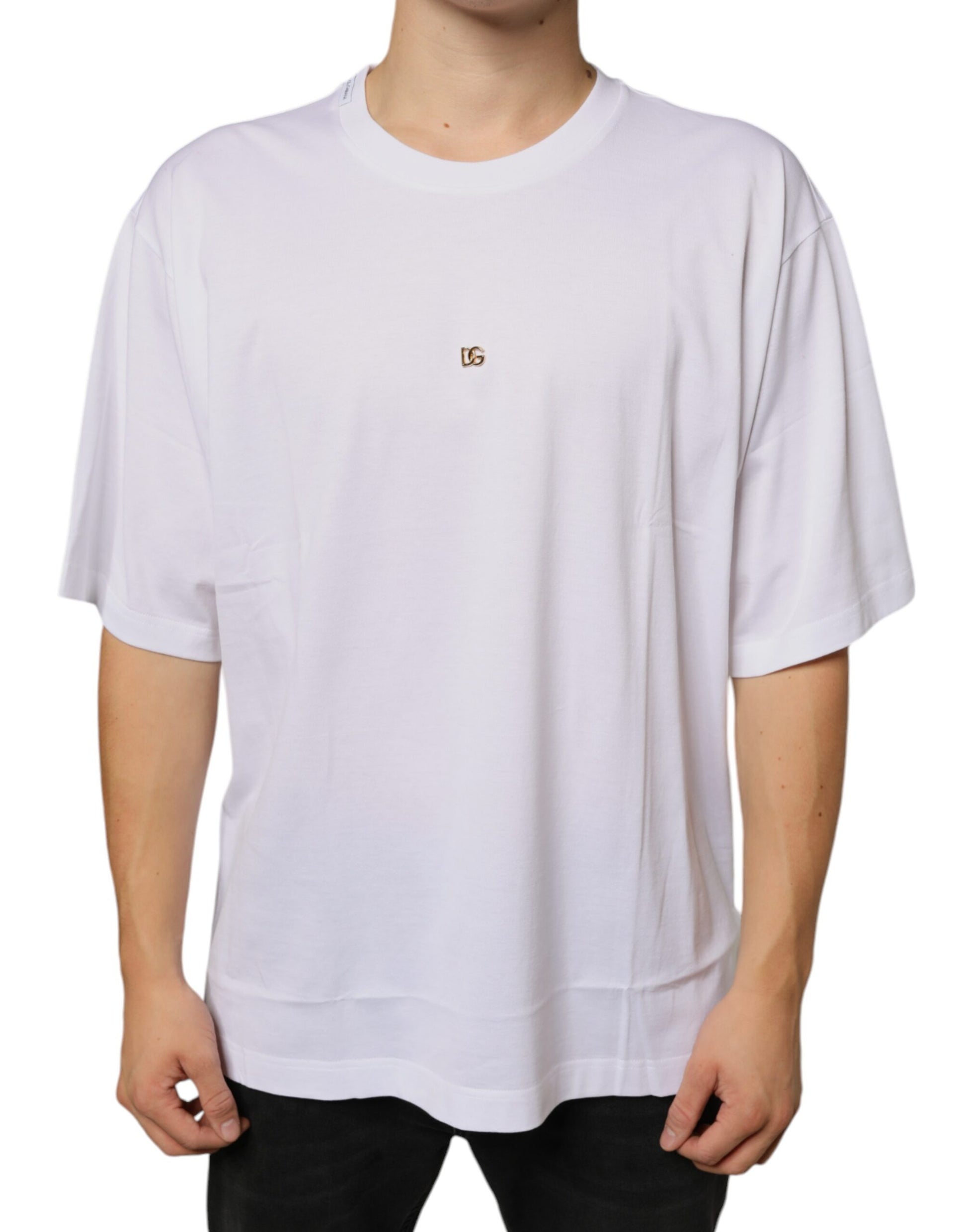 Dolce & Gabbana White Metal DG Logo Cotton Short Sleeve T-Shirt