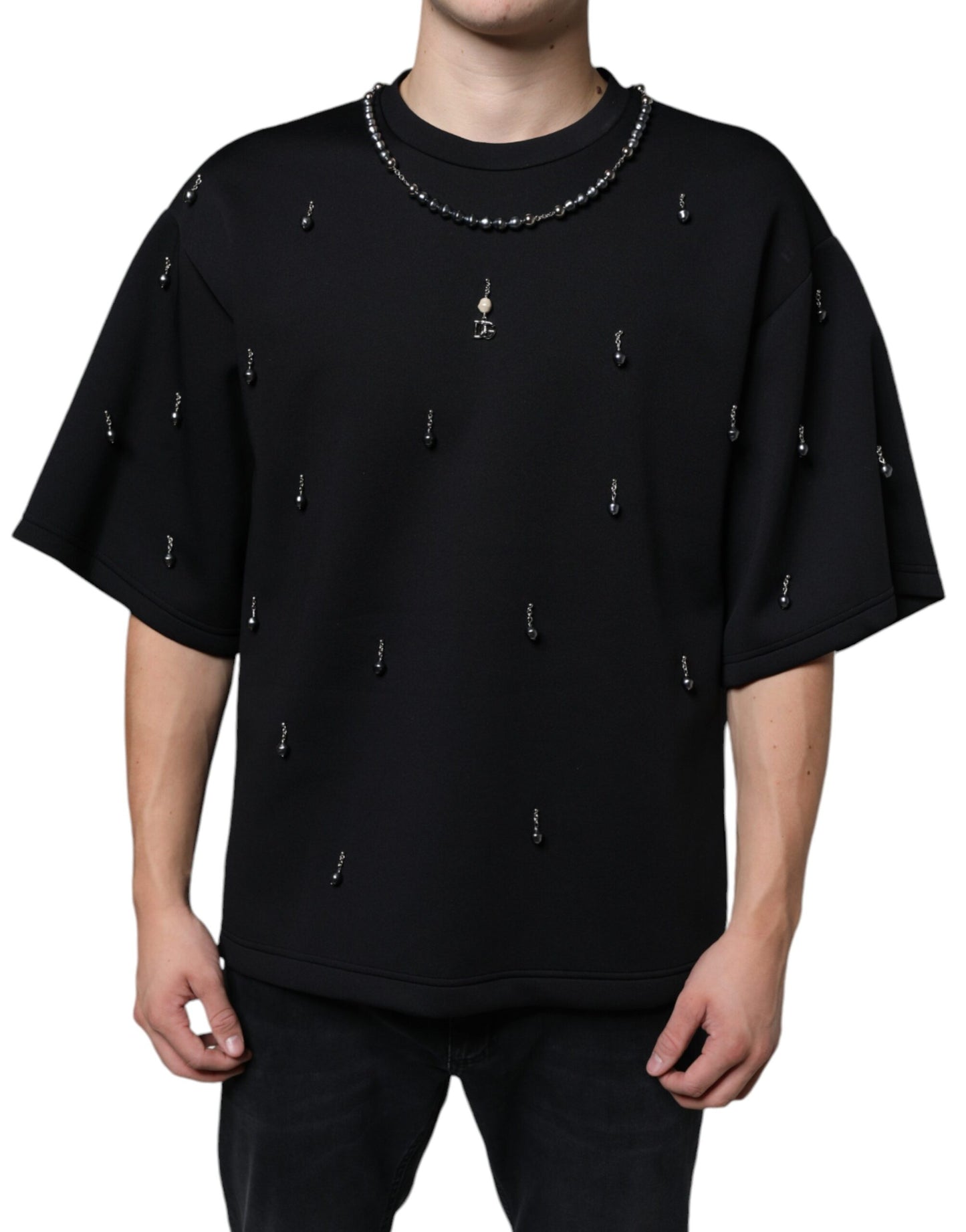  - Black Polyester Necklace Embellished T-shirt