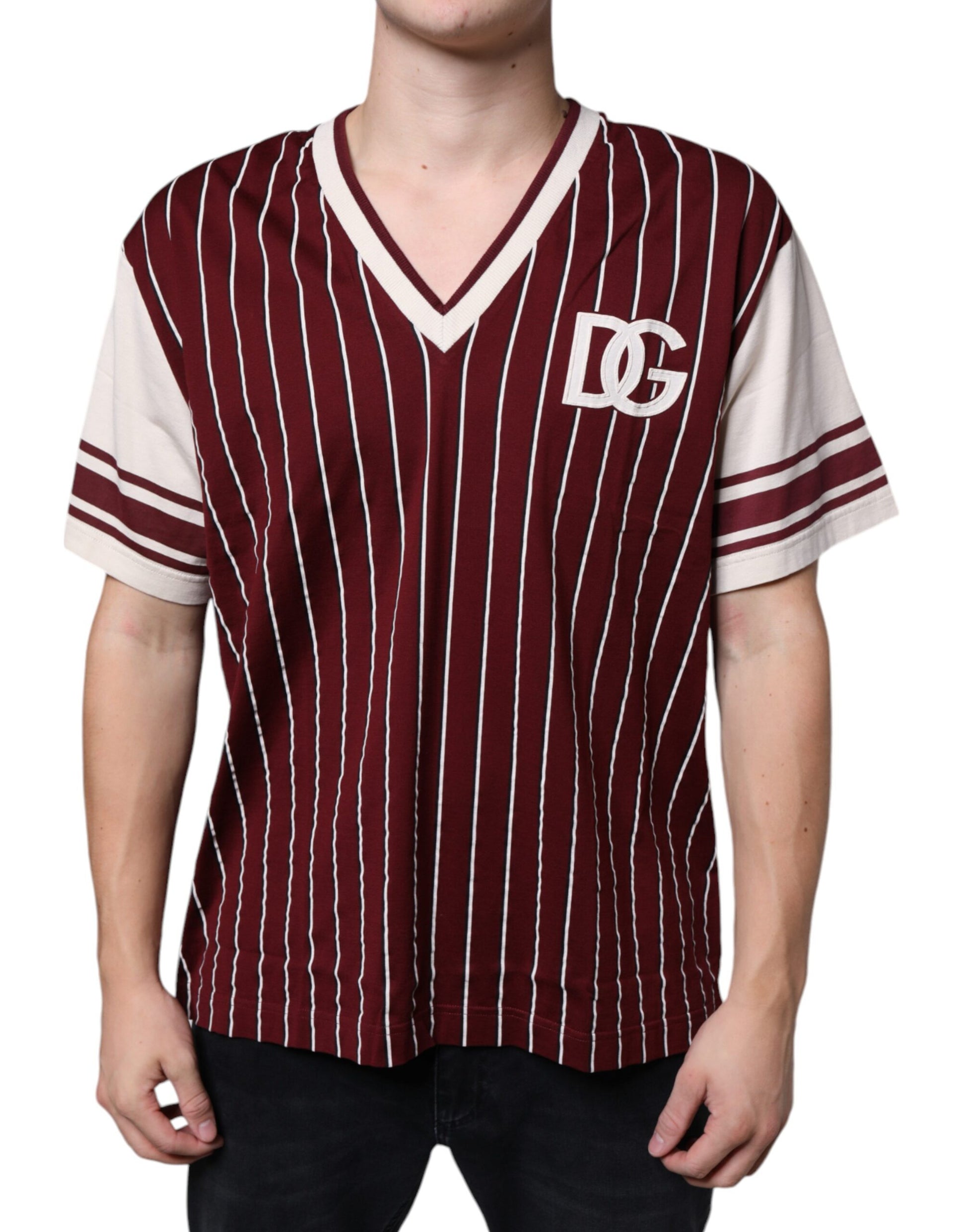 Maroon Stripes Cotton Logo V-neck T-shirt