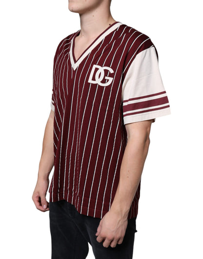  - Maroon Stripes Cotton Logo V-neck T-shirt