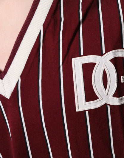  - Maroon Stripes Cotton Logo V-neck T-shirt