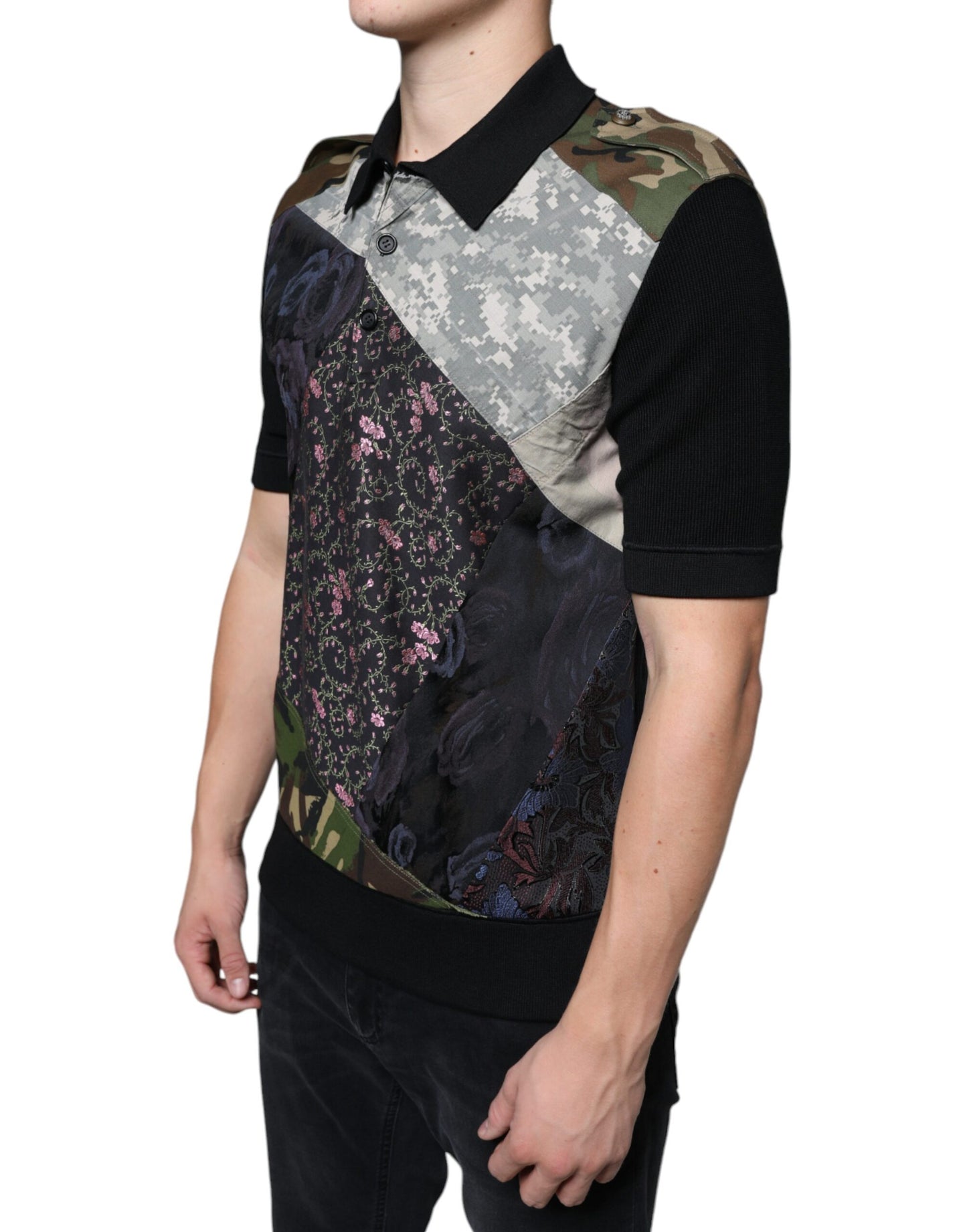  - Multicolor Camouflage Patchwork Silk Polo T-shirt