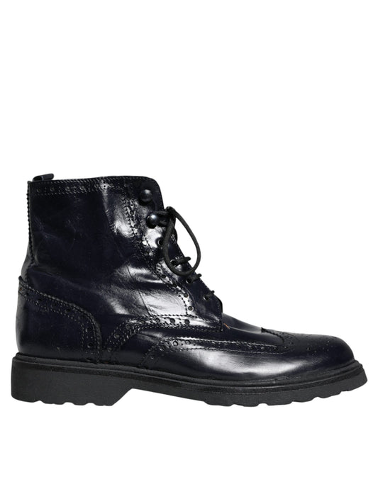  - Black Leather Lace Up Mid Calf Boots Shoes